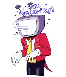  ... 1boy ? ant_tenna belt_buckle buckle colliholly commentary confetti cropped_legs crt deltarune english_commentary english_text gloves hands_up highres long_nose male_focus necktie object_head pointy_nose simple_background solo tailcoat white_background white_gloves yellow_necktie 