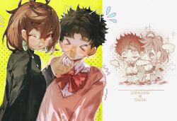  &gt;_&lt; 1boy 1girl ayase_momo ayase_momo_(cosplay) black_hair black_jacket blush bow bowtie brown_hair character_name chibi chibi_inset closed_eyes collared_shirt cosplay costume_switch crossdressing crossdressing_(mtf) dandadan de557777 earrings flying_sweatdrops full_body gakuran glasses hair_between_eyes hand_on_another&#039;s_chin highres jacket jewelry kami_high_school_uniform long_sleeves looking_at_another looking_at_viewer loose_socks messy_hair miniskirt one_eye_closed open_mouth pink_sweater pleated_skirt red_bow red_bowtie red_eyes round_eyewear school_uniform shirt short_hair skirt socks sweater takakura_ken_(dandadan) takakura_ken_(dandadan)_(cosplay) thick_eyebrows upper_body white_shirt 