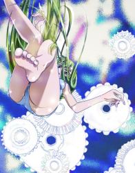  1girl barefoot c.c. code_geass falling feet female_focus green_hair long_hair pecopewo shorts solo yellow_eyes 