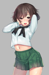10s 1girl :d akiyama_yukari birthday black_neckerchief blouse blush breasts brown_eyes brown_hair contrapposto cowboy_shot female_focus girls_und_panzer green_skirt grey_background hand_on_own_cheek hand_on_own_face hands_up highres kagematsuri legs_apart long_sleeves looking_at_viewer matching_hair/eyes medium_breasts messy_hair midriff midriff_peek miniskirt navel neckerchief ooarai_school_uniform open_mouth pleated_skirt school_uniform serafuku shirt short_hair simple_background skirt smile solo standing stomach white_shirt rating:Sensitive score:74 user:danbooru