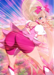 1girl aquila_yuna ass back bent_over bike_shorts blonde_hair blue_eyes boots cosplay cure_blossom cure_blossom_(cosplay) earrings eyebrows female_focus from_behind hair_ribbon hanasaki_tsubomi hanasaki_tsubomi_(cosplay) heartcatch_precure! high_ponytail highres hip_attack jewelry leaning_forward legs long_hair open_mouth ponytail precure puffy_sleeves ribbon saint_seiya saint_seiya_omega simple_background skirt solo thighs very_long_hair yadokari_genpachirou rating:Sensitive score:42 user:Kentabarou