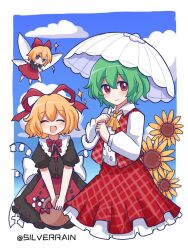  2girls apron ascot back_bow basket black_shirt black_skirt blonde_hair blue_eyes blue_sky blush bow bowtie closed_eyes closed_mouth cloud collared_shirt commentary day facing_viewer fairy_wings flower flying frilled_skirt frills green_hair hair_bow hair_ribbon hashtag-only_commentary highres holding holding_basket holding_umbrella kazami_yuuka lily_of_the_valley long_sleeves looking_at_viewer medicine_melancholy multiple_girls open_clothes open_mouth open_vest plaid_clothes plaid_skirt plaid_vest puffy_short_sleeves puffy_sleeves red_bow red_bowtie red_eyes red_ribbon red_skirt red_vest ribbon ribbon-trimmed_skirt ribbon_trim shirt short_sleeves silverrain skirt skirt_set sky smile su-san sunflower touhou twitter_username umbrella vest waist_apron white_bow white_flower white_shirt wings yellow_ascot yellow_flower 