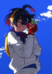  &gt;_&lt; 1boy applin black_hair blue_background blue_shirt cakepop_iii closed_eyes collared_shirt commentary crossed_bangs gen_8_pokemon gloves grin hair_between_eyes hairband holding holding_pokemon jacket kieran_(pokemon) long_sleeves male_focus multicolored_hair nintendo one_eye_closed orange_eyes partially_fingerless_gloves pokemon pokemon_(creature) pokemon_sv red_gloves red_hair shirt shirt_tucked_in shorts simple_background smile white_jacket white_shorts yellow_bag yellow_hairband 