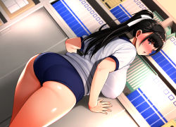1girl ass black_hair blue_buruma blush book bookshelf breasts buruma covered_erect_nipples dutch_angle gym_uniform hair_ribbon large_breasts long_hair looking_at_viewer monpuchi natsu_ga_owaru_made open_mouth ponytail purple_eyes ribbon shiny_skin solo tachibana_yui_(natsu_ga_owaru_made) rating:Sensitive score:84 user:danbooru