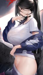  1girl an_yasuri bad_id bad_pixiv_id ball black_hair black_wings blue_archive bra breasts clothes_lift clothes_pull collar gym_shirt gym_shorts gym_uniform hair_between_eyes halo hasumi_(blue_archive) hasumi_(track)_(blue_archive) highres huge_breasts indoors jacket large_breasts long_hair long_sleeves looking_to_the_side navel no_panties open_clothes open_jacket ponytail red_eyes see-through_clothes see-through_shirt shirt shorts shorts_pull solo sweat trinity_general_school_logo underwear very_long_hair volleyball_(object) wings  rating:Questionable score:47 user:gyberus