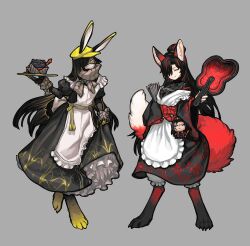  2girls alternate_costume animal_ears animal_legs apron black_dress black_hair character_doll closed_eyes dark-skinned_female dark_skin doll dress fox_ears fox_girl fox_tail full_body grey_background grey_scarf hair_bun hair_over_one_eye hand_fan hat highres holding holding_fan jia_qiu_(project_moon) limbus_company long_hair looking_at_viewer maid maid_headdress multicolored_hair multiple_girls project_moon rabbit_ears rabbit_girl rabbit_tail red_streaks rope_belt scarf shan23852196 simple_background standing streaked_hair tail white_apron yellow_eyes yellow_hat zigong_(project_moon) zilu_(project_moon) 