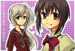  10s 2girls black_hair bow copyright_name fang green_eyes highres kawahara kure_kirika long_hair magical_girl mahou_shoujo_madoka_magica mahou_shoujo_oriko_magica mikuni_oriko multiple_girls puffy_sleeves red_eyes ribbon school_uniform serafuku shiraha_private_academy_school_uniform side_ponytail white_hair 