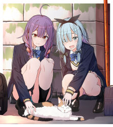  2girls absurdres ahoge animal aqua_eyes aqua_hair aqua_panties asymmetrical_bangs backpack bag black_bow black_hairband black_jacket black_shoes black_socks blazer blue_bow blue_bowtie blunt_ends blush bow bow_hairband bowtie braided_twintails bright_pupils calico_(pattern) calico_cat cat center-flap_bangs closed_mouth collared_shirt commentary_request double-parted_bangs eyes_visible_through_hair full_body grey_skirt hair_between_eyes hair_bow hair_over_one_eye hair_over_shoulder hairband highres jacket loafers long_bangs long_hair long_sidelocks long_sleeves looking_at_animal low-tied_sidelocks low_twintails lower_teeth_only miniskirt multicolored_hair multiple_girls open_clothes open_jacket open_mouth orange_eyes orange_hair original panties pantyshot pink_panties plaid_clothes plaid_skirt pleated_skirt purple_hair purple_pupils school_bag school_uniform shirt shoes sidelocks skirt smile socks split_mouth squatting stone_wall streaked_hair sweater teeth twintails underwear urushiushiru v-neck white_pupils white_shirt yellow_sweater 