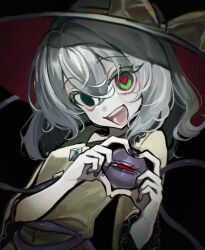  1girl aorin_oekaki black_hat black_nails buttons diamond_button eyeball four-finger_heart_hands frilled_shirt_collar frilled_sleeves frills green_eyes grey_hair hat hat_ribbon heart heart-shaped_pupils heart_hands highres komeiji_koishi red_eyes ribbon shirt smile symbol-shaped_pupils third_eye touhou wide_sleeves yellow_ribbon yellow_shirt 