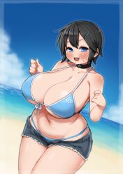  1girl absurdres beach bikini black_hair blue_bikini blush breasts cleavage commentary_request commission cowboy_shot curvy day dutch_angle front-tie_bikini_top front-tie_top hair_ornament hairclip highres huge_breasts ichika_(ichika_manga) looking_at_viewer micro_shorts navel open_mouth original outdoors short_hair shorts smile solo sweat swimsuit wide_hips  rating:Sensitive score:9 user:danbooru