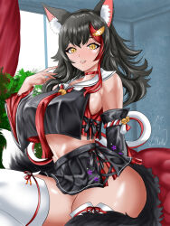  1girl animal_ears bare_shoulders black_hair black_skirt breasts covered_erect_nipples cowboy_shot highres hololive indoors large_breasts miniskirt multicolored_hair ookami_mio pleated_skirt red_hair skirt solo streaked_hair tail valneeko virtual_youtuber wolf_ears wolf_girl wolf_tail 