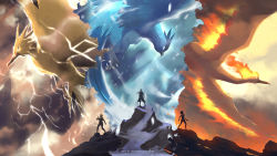  1boy 2girls articuno bird blanche_(pokemon) blonde_hair candela_(pokemon) coat commentary electricity fire gen_1_pokemon highres kelvin-trainerk legendary_pokemon moltres multiple_girls nintendo pokemon pokemon_(creature) pokemon_go short_hair snow snowing spark_(pokemon) standing twitter_username zapdos 