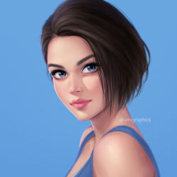  1girl blue_background blue_eyes brown_hair jill_valentine resident_evil resident_evil_3:_nemesis resident_evil_3_(remake) smile solo umigraphics  rating:General score:17 user:jayage5ds