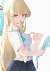  1girl blonde_hair blue_archive blue_eyes blue_halo blue_skirt bow braid breasts electric_fan food food_in_mouth halo hand_fan highres holding holding_fan koyuuuuuuuuuuu long_hair looking_at_viewer melting_popsicle midriff pleated_skirt popsicle popsicle_in_mouth school_uniform shirt short_sleeves simple_background skirt solo toki_(blue_archive) white_background white_shirt 