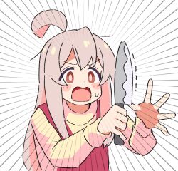  1girl ahoge apron blush_stickers brown_eyes commando_(movie) commentary dot_nose emphasis_lines eyes_visible_through_hair flying_sweatdrops holding holding_knife kitchen_knife knife long_hair long_sleeves noyama_takenoko onii-chan_wa_oshimai! open_mouth oyama_mahiro parody pink_hair red_apron simple_background solo upper_body white_background 