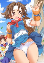  2girls backpack bag blue_sailor_collar blue_skirt blue_sky blue_vest bow bow_panties bowtie breasts bright_pupils brown_eyes brown_hair building butt_fangs clothes_lift cloud cloudy_sky commentary_request commission cropped_shirt cropped_vest crotch_seam day dress_shirt forehead_protector from_below gluteal_fold headband highres in-franchise_crossover justice_gakuen kasugano_sakura leaf leg_up loli looking_at_viewer miniskirt multiple_girls neck_ribbon neckerchief one_eye_closed open_mouth outdoors panties pantyshot partial_commentary pixiv_commission pleated_skirt red_bow red_bowtie red_ribbon ribbon sailor_collar school_uniform serafuku shimouki_izui shiritsu_justice_gakuen shirt short_hair short_sleeves skirt skirt_lift sky small_breasts smile standing standing_on_one_leg street_fighter teeth thigh_gap underwear upper_teeth_only upskirt vest wakaba_hinata white_headband white_panties white_pupils white_shirt wind wind_lift wrist_guards wristband yellow_neckerchief 
