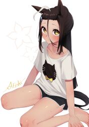  1girl a4_(a4_eishi) absurdres ahoge animal_ears animal_print artist_name bangs_pinned_back black_hair black_shorts cat_print collarbone ear_tag earrings flat_chest hair_between_eyes highres horse_ears horse_girl horse_tail hot jewelry long_bangs long_hair long_hair_between_eyes looking_at_viewer manhattan_cafe_(umamusume) multicolored_hair shirt short_sleeves shorts signature simple_background single_earring sitting solo sweat t-shirt tail thighs umamusume very_long_hair wariza white_background white_hair white_shirt 