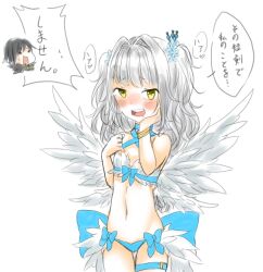  1boy 1girl bikini black_hair blue_bikini blue_flower blush breasts chibi chibi_inset commentary_request cowboy_shot feather_trim feathered_wings flower grey_hair hair_flower hair_intakes hair_ornament hair_tie hand_on_own_cheek hand_on_own_face long_hair meiko_(nattu303) mismatched_bikini open_mouth ragnarok_online simple_background small_breasts smile solo_focus sorcerer_(ragnarok_online) swimsuit teeth thigh_strap translation_request upper_teeth_only wanderer_(ragnarok_online) white_background white_bikini white_wings wings yellow_eyes 