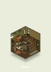 absurdres bed book bookshelf bottle cat commentary couch crate cup diorama gozz highres indoors isometric lying on_side open_book original photo_(object) pill plant potted_plant shelf stairs stuffed_animal stuffed_toy table teddy_bear window rating:General score:0 user:danbooru