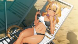  1girl 364ing ahoge animal_ear_fluff animal_ears beach bikini blonde_hair blush breasts cat_ears cat_girl cat_tail chair colored_inner_hair commentary english_commentary facial_mark indie_virtual_youtuber long_hair looking_at_viewer lotion_bottle lounge_chair medium_breasts multicolored_bikini multicolored_hair outdoors purple_hair red_eyes ribbon second-party_source shadow shyrei_faolan solo streaked_hair swimsuit tail tail_ornament tail_ribbon tan two-tone_bikini two-tone_hair virtual_youtuber whisker_markings 