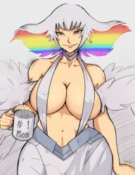  1girl bare_shoulders breasts carb cup feather_boa huge_breasts kill_la_kill kiryuuin_ragyou lips long_hair mature_female multicolored_hair navel nipples_visible_through_shirt rainbow_hair red_eyes sideboob smile white_hair yoracrab 