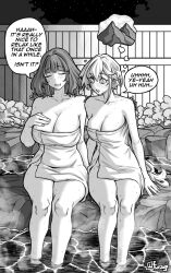  2girls blush breasts closed_eyes english_text female_commander_(girls&#039;_frontline) furauji girls&#039;_frontline girls&#039;_frontline_2:_exilium greyscale groza_(girls&#039;_frontline_2) hand_on_own_chest huge_breasts large_breasts looking_at_breasts medium_hair monochrome multiple_girls naked_towel night onsen ots-14_(girls&#039;_frontline) short_hair sitting speech_bubble thought_bubble towel 