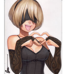  1girl 2b_(nier:automata) black_hairband blindfold blonde_hair breasts cleavage covered_eyes elbow_gloves gloves hairband lips mole mole_under_mouth nier:automata nier_(series) no_blindfold omar_dogan short_hair solo tongue tongue_out 