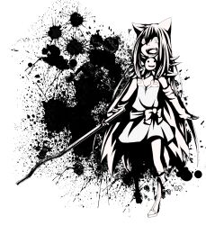  1girl alchemist_(ragnarok_online) animal_ears blood blood_splatter boots bow cape cat_ears cat_girl commentary_request crazy_eyes crazy_smile detached_sleeves dress flat_chest fold-over_boots full_body fur_collar greyscale high_contrast highres holding holding_lead_pipe lead_pipe long_hair meiko_(nattu303) monochrome open_mouth ragnarok_online sash simple_background smile solo strapless strapless_dress very_long_hair 