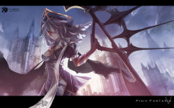  1girl architecture bandages blue_hair blue_sky breasts cape cleavage dress female_focus gauntlets gothic_architecture hat letterboxed outdoors pixiv_fantasia pixiv_fantasia_5 red_hair skade sky solo weapon  rating:Sensitive score:12 user:danbooru