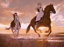  2girls animal_ears apron black_choker blue_eyes bridle brown_hair choker cloud dress extra_ears feifei_(fkey) feiqizi_(fkey) fkey highres horseback_riding maid maid_apron multiple_girls neck_ribbon original outdoors pink_eyes red_hair red_ribbon reins ribbon riding saddle_blanket stirrups_(riding) twilight water white_apron white_horse 