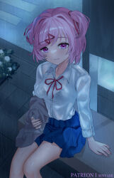  1girl bangs_over_eyes bench blazer bra bra_visible_through_clothes collarbone collared_shirt doki_doki_literature_club doki_doki_literature_club_school_uniform eyelashes fingernails flower frilled_bra frills hair_between_eyes hair_ornament hairclip jacket natsuki_(doki_doki_literature_club) patreon_username pink_eyes pink_hair plants pleated_skirt rain ribbon senyami shirt sitting skirt smile twintails underwear wet wet_clothes 
