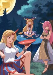  3girls absurdres blonde_hair blue_skirt bow breasts brown_horns brown_shoes closed_mouth collarbone commentary_request crossed_arms cuffs cup facing_viewer flower full_moon grin hair_bow highres horn_ornament horn_ribbon horns hoshiguma_yuugi ibaraki_douji_(touhou) ibuki_suika long_hair looking_at_viewer moon multiple_girls night oni open_mouth orange_hair outdoors piaoluo_de_ying_huaban pink_flower pink_hair pink_rose pointy_ears puffy_short_sleeves puffy_sleeves red_bow red_eyes red_horns ribbon rose sakazuki sandals shackles shadow shirt shoes short_sleeves single_horn sitting skirt smile socks tabard touhou tree very_long_hair white_shirt white_skirt white_socks wrist_cuffs 