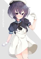  1girl black_hair black_neckerchief blue_sailor_collar blush cosplay dress gloves grey_background hat highres jervis_(kancolle) jervis_(kancolle)_(cosplay) kantai_collection looking_at_viewer nakatsurugi_(kasegawa_makase) neckerchief purple_eyes sailor_collar sailor_dress sailor_hat short_hair short_hair_with_long_locks short_sleeves smile solo tokitsukaze_(kancolle) twitter_username white_dress white_gloves white_hat 
