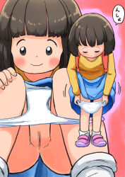  1girl absurdres backpack bag black_eyes blue_skirt blush brown_hair censored clothes_lift crotch_seam flat_chest hand_on_own_knee highres loli long_sleeves looking_down multiple_views original panties panty_pull pink_shoes pussy red_background shirt shoes short_hair skirt skirt_lift smile socks speech_bubble squatting standing underwear white_panties white_socks yellow_shirt youseisan255 