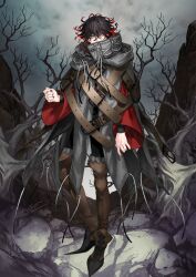  1boy bad_source bare_tree belt black_hair boots brown_boots cloud cloudy_sky covered_mouth curly_hair dante_alighieri_(fate) facing_viewer fate/grand_order fate_(series) grey_eyes grey_sky looking_at_viewer multicolored_hair red_hair red_nails rock shirahama_kamome sky solo standing streaked_hair thigh_boots tree 