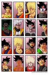  6+boys absurdres armor baby_vegeta baby_vegeta_(cosplay) beard black_eyes black_hair blank_eyes blonde_hair blue_eyes borrowed_design broly_(dragon_ball_z) broly_(dragon_ball_z)_(cosplay) captain_ginyu chain clenched_teeth commentary cosplay crimson-masked_saiyan dark-skinned_male dark_skin dragon_ball dragon_ball_(classic) dragon_ball_fighterz dragon_ball_gt dragon_ball_heroes dragon_ball_super dragonball_z earrings english_commentary facial_hair frown goku_black grin highres invincible_(series) jewelry kinzokumatto_(style) majin_vegeta majin_vegeta_(cosplay) multiple_boys multiple_persona pale_skin parody potara_earrings radishart red_eyes saiyan_armor scouter serious sharp_teeth shoulder_armor single_earring smile son_goku super_saiyan super_saiyan_1 super_saiyan_2 teeth tullece twitter_username vegeta veiny_face watermark white_hair 