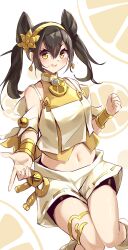  1girl absurdres aged_down blush breasts collarbone double_bun duel_monster earrings gold_thighlet hair_bun highres japanese_clothes jewelry kanzakietc long_hair medium_breasts navel nontraditional_miko official_alternate_costume official_alternate_hairstyle ohime_the_manifested_mikanko open_mouth short_shorts shorts skirt smile solo stomach yellow_eyes yu-gi-oh! 