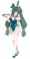  1girl absurdres animal_ears arm_strap bare_shoulders blush breasts closed_mouth collarbone commentary covered_navel detached_collar fake_animal_ears full_body green_eyes green_hair green_leotard high_heels highleg highleg_leotard highres holding large_breasts leotard long_hair looking_at_viewer necktie original playboy_bunny rabbit_ears simple_background solo symbol-only_commentary thighhighs thighs twintails white_background white_thighhighs wrist_cuffs zerocat 