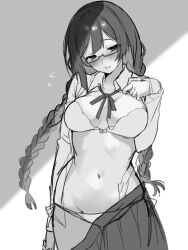  1girl blush bra braid breasts breasts_apart clothes_pull collarbone collared_shirt commentary cowboy_shot double-parted_bangs embarrassed flying_sweatdrops glasses greyscale half-closed_eyes highres large_breasts long_hair long_sleeves love_live! love_live!_nijigasaki_high_school_idol_club low_twin_braids mei_hinamatsu monochrome nakagawa_nana navel neck_ribbon nose_blush open_clothes open_shirt panties pleated_skirt ribbon school_uniform semi-rimless_eyewear shirt simple_background skirt skirt_pull sleeves_past_wrists solo standing stomach string_panties twin_braids under-rim_eyewear underwear very_long_hair white_background yuki_setsuna yuki_setsuna_(love_live!) 