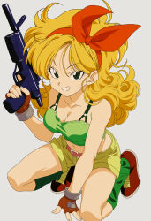  blonde_hair dragon_ball green_eyes green_top gun highres long_hair lunch_(bad)_(dragon_ball) lunch_(dragon_ball) ribbon weapon  rating:General score:4 user:TokusatsusFan