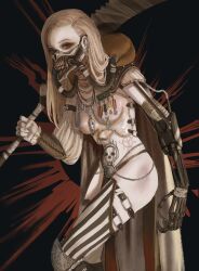  1girl armor asymmetrical_clothes blonde_hair breasts cleavage ear_piercing genderswap genderswap_(mtf) gold_can highres holding holding_sword holding_weapon immortan_joe jewelry long_hair looking_at_viewer mad_max mask mechanical_arms medal necklace piercing shoulder_armor single_mechanical_arm solo stomach_tattoo strap striped_clothes striped_thighhighs sword tattoo teeth thighhighs weapon yellow_eyes 