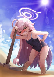  &gt;_&lt; 1girl absurdres abydos_high_school_swimsuit ahoge arm_behind_back backlighting bare_arms bare_shoulders black_one-piece_swimsuit blue_archive blue_sky blush breasts collarbone commentary_request covered_navel day desert drawing_rak exhausted fang feet_out_of_frame hair_between_eyes highres holding holding_pickaxe hoshino_(blue_archive) hot leaning_forward long_hair nose_blush official_alternate_costume one-piece_swimsuit open_mouth outdoors pickaxe pink_hair school_swimsuit sky small_breasts solo standing sun sunlight sweat swimsuit thighs v-shaped_eyebrows very_long_hair 