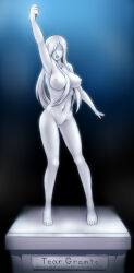 1girl 2014 arm_above_head arm_up armpits barefoot blank_eyes breasts breasts_apart character_name cleft_of_venus clenched_hand collarbone colored_eyebrows colored_eyelashes colored_nipples colored_sclera colored_skin completely_nude contrapposto english_text eyebrows_hidden_by_hair female_focus full_body furrowed_brow gluteal_fold gradient_background grey_hair grey_nipples grey_sclera grey_skin grey_tongue groin hair_between_breasts hair_over_one_eye hand_up legs_apart long_hair long_sidelocks looking_at_viewer navel ningyoushi nipples no_irises no_pupils nude open_hand open_mouth outstretched_arms pedestal petrification pupiless_eyes pussy sidelocks solo spread_fingers standing statue swept_bangs tales_of_(series) tales_of_the_abyss tear_grants teeth tongue transformation