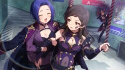 anger_vein aura black_hair blue_hair boots breasts brown_eyes brown_hair buttons cleavage closed_eyes coat coat_on_shoulders earrings english_text epaulettes facial_tattoo forehead game_cg gloves hallway holding_another&#039;s_arm horns idolmaster idolmaster_million_live! idolmaster_million_live!_theater_days japanese_text jewelry kitazawa_shiho miura_azusa navel official_art open_mouth poster_(object) red_eyes takayama_sayoko tattoo teeth