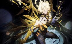  1boy absurdres alternate_form asymmetrical_wings bare_pectorals black_shirt black_wings blonde_hair commentary cracked_skin english_commentary ethenfin hair_between_eyes halo halo_behind_head highres honkai:_star_rail honkai_(series) kneeling male_focus material_growth parted_lips pectorals phainon_(honkai:_star_rail) reflection reflective_water ripples shirt short_hair solo spotlight torn_clothes torn_shirt wings yellow_blood yellow_eyes yellow_wings 