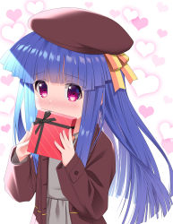 1girl beret blue_hair blunt_bangs blush box brown_hat brown_jacket commentary_request covered_mouth furude_rika gaou_(babel) gift gift_box grey_shirt grey_skirt hands_up hat heart heart_background heart_in_eye higurashi_no_naku_koro_ni holding holding_gift jacket long_hair looking_at_viewer nose_blush open_clothes open_jacket pleated_skirt red_eyes shirt skirt solo symbol_in_eye valentine very_long_hair white_background rating:General score:5 user:danbooru