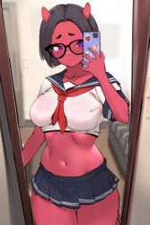 1girl absurdres black-framed_eyewear black_hair black_sailor_collar black_skirt breasts cellphone colored_skin commentary copyright_request cowboy_shot crop_top cropped_shirt demon_girl demon_tail english_commentary female_pov full-length_mirror glasses highres holding holding_phone horns large_breasts looking_at_mirror looking_at_viewer miniskirt mirror mirror_selfie mole mole_under_mouth navel neckerchief oni parted_bangs phone pleated_skirt pov purple_eyes red_neckerchief red_oni red_skin reflection sailor_collar school_uniform selfie serafuku shirt short_eyebrows short_hair short_sleeves skin-covered_horns skirt smartphone smewed solo stomach tail white_shirt rating:Sensitive score:211 user:danbooru
