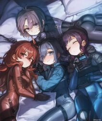  4girls absurdres ahoge armor artist_name bed bed_sheet belt black_gloves black_hair black_jacket blonde_hair blue_eyes blue_hair blush bodysuit bow braid breasts brown_eyes brown_hair closed_eyes closed_mouth coat eyepatch fingerless_gloves girl_sandwich glasses gloves green_eyes grey_hair hair_between_eyes hair_ornament hair_over_one_eye hairband hairclip hat hepari highres holding hood hood_down hug hugging_object indoors jacket jewelry long_hair long_sleeves looking_at_another looking_at_viewer lying medium_breasts mole multicolored_hair multiple_boys multiple_girls on_back on_bed on_side on_stomach one_eye_closed open_mouth original pants pantyhose parted_bangs parted_lips pillow pink_hair ponytail purple_eyes purple_hair red_eyes red_hair ribbon sandwiched scarf shirt short_hair sidelocks signature single_braid sitting sleeping sleeves_past_wrists smile stuffed_toy sweater turtleneck twintails very_long_hair yuri  rating:Sensitive score:9 user:floretto00