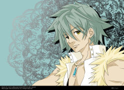  1boy 2010 alternate_eye_color blue_background closed_mouth commentary_request copyright_notice expressionless fur-trimmed_shirt fur_trim green_hair howard_alt-eisen john_(strike-shank) lace_background looking_at_viewer male_focus open_clothes open_shirt ragnarok_online shirt short_hair sleeveless sleeveless_shirt solo upper_body white_shirt whitesmith_(ragnarok_online) yellow_eyes 