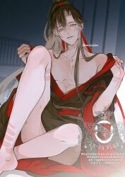  1boy ankekkai bare_legs bare_pectorals bare_shoulders barefoot bishounen black_hair black_hanfu blush brown_hair chinese_clothes collarbone cum cum_on_body cum_on_male english_text grey_eyes hair_ribbon hanfu head_tilt hickey high_ponytail highres implied_yaoi indoors knee_up long_hair looking_at_viewer male_focus modao_zushi off_shoulder open_clothes open_robe parted_lips partially_undressed pectorals ponytail red_ribbon red_sash ribbon robe rope_marks sash sidelocks sitting smile solo sweat toned toned_male twitter_username undressing very_long_hair watermark wei_wuxian wide_sleeves 